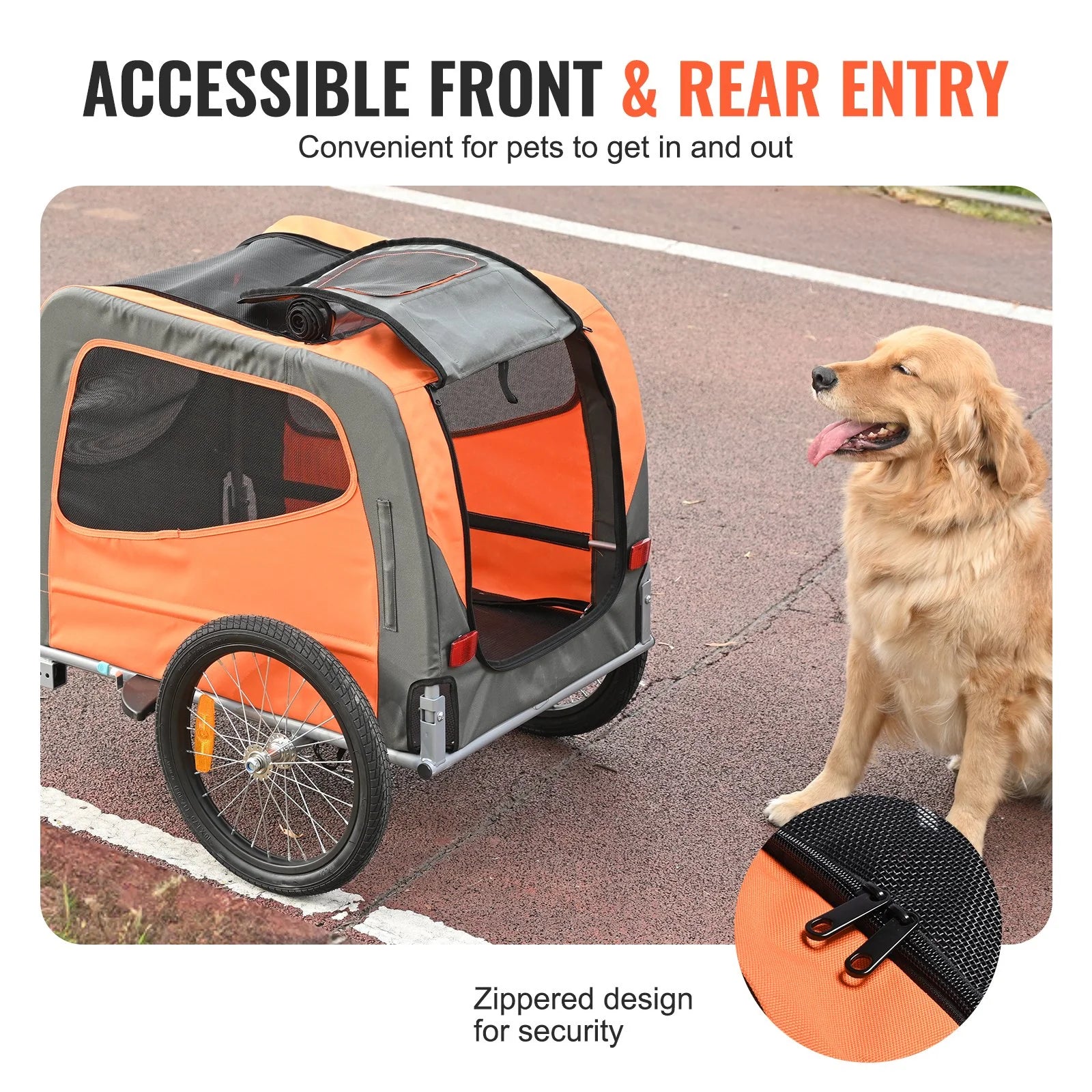 VEVOR Dog Bike Trailer, Supports up to 66 Lbs, Pet Cart Bicycle Carrier, Easy Folding Frame with Quick Release Wheels, Universal Bicycle Coupler, Reflectors, Flag, Collapsible to Store, Orange/Gray