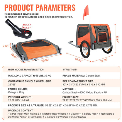 VEVOR Dog Bike Trailer, Supports up to 66 Lbs, Pet Cart Bicycle Carrier, Easy Folding Frame with Quick Release Wheels, Universal Bicycle Coupler, Reflectors, Flag, Collapsible to Store, Orange/Gray