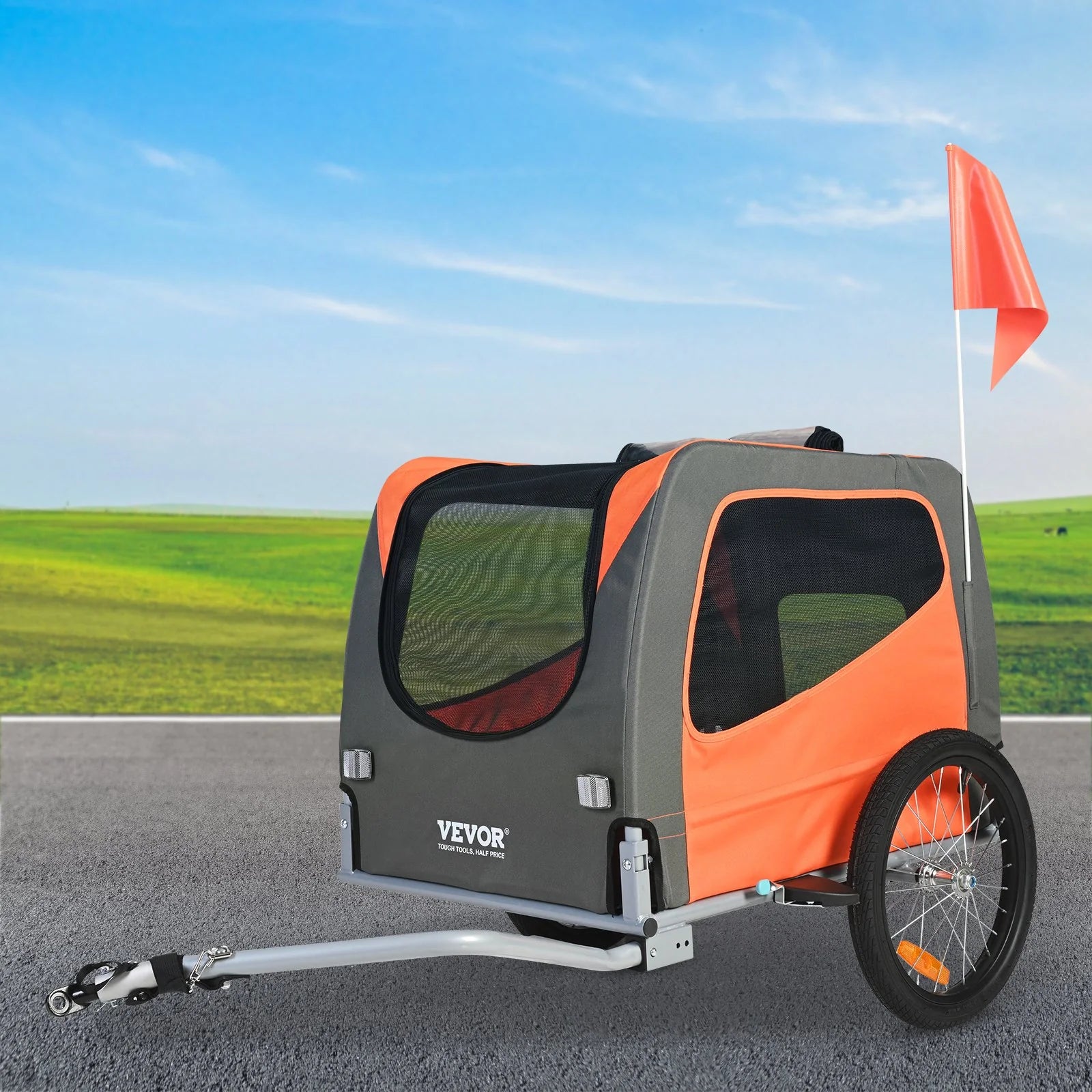 VEVOR Dog Bike Trailer, Supports up to 66 Lbs, Pet Cart Bicycle Carrier, Easy Folding Frame with Quick Release Wheels, Universal Bicycle Coupler, Reflectors, Flag, Collapsible to Store, Orange/Gray